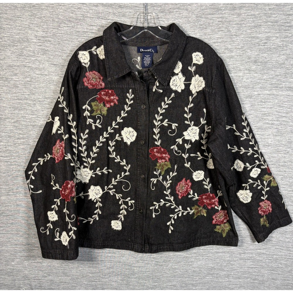 Vintage 90s Denim & Co Embroidered Floral Shirt Jacket Black Wash Plus Size 1X
